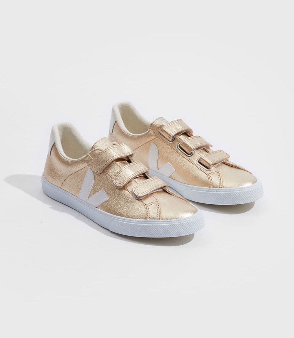 Tenis Veja Mujer - 3-Lock Cuero - Dorados/Blancos - 056VFDZUW